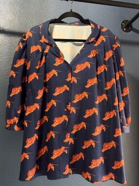 Navy Blue Tiger-Print Button Front Blouse